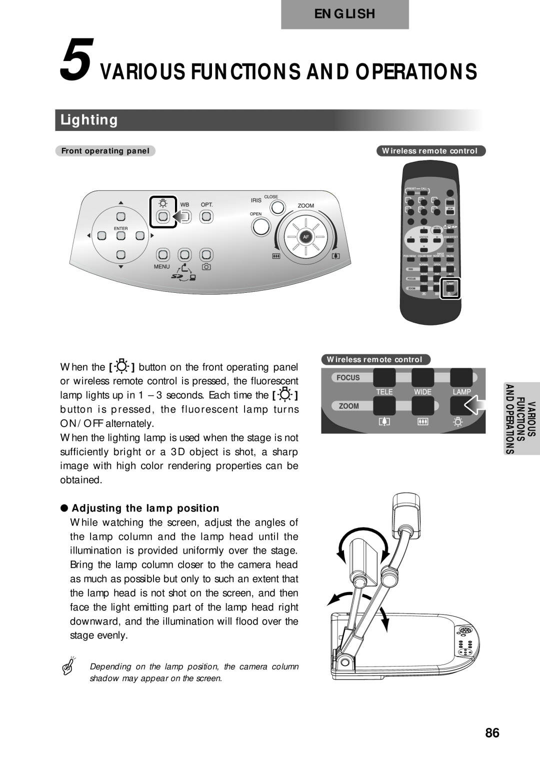 Elmo p10 instruction manual Lighting, Various Functions And Operations, English 