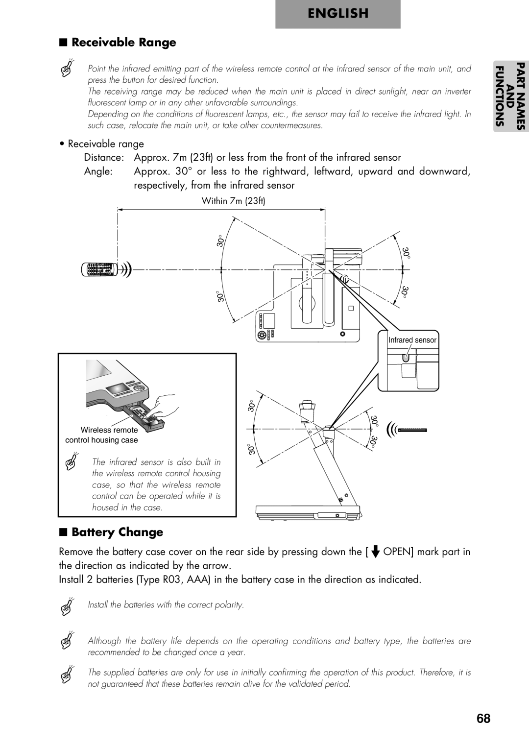 Elmo P100 instruction manual Receivable Range, Battery Change 