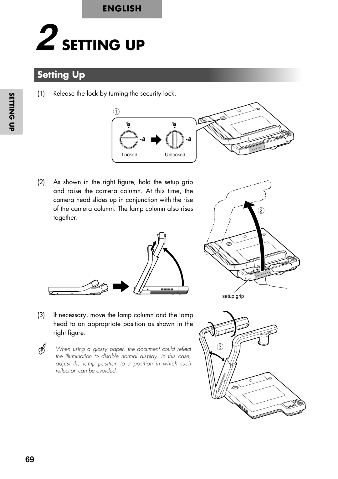 Elmo P100 instruction manual Setting UP, Setting Up, Release the lock by turning the security lock 