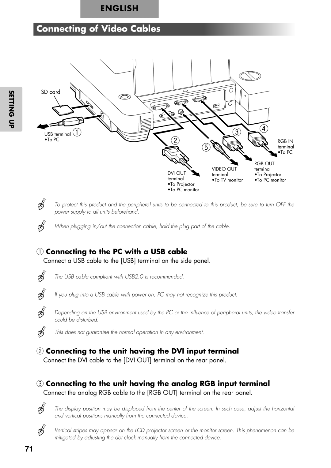 Elmo P100 instruction manual Connecting of Video Cables, Connecting to the PC with a USB cable 