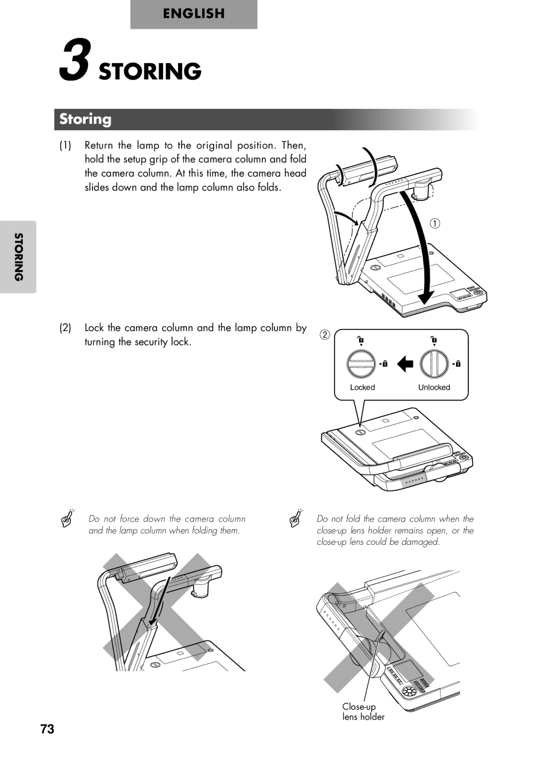 Elmo P100 instruction manual Storing, Slides down and the lamp column also folds 