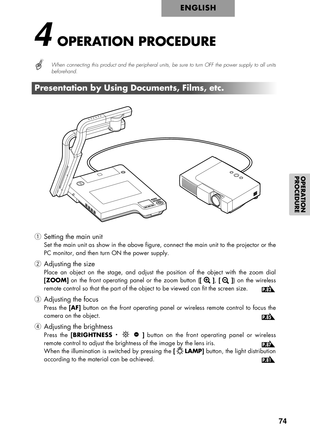 Elmo P100 instruction manual Operation Procedure, Presentation by Using Documents, Films, etc, Press the Brightness · 