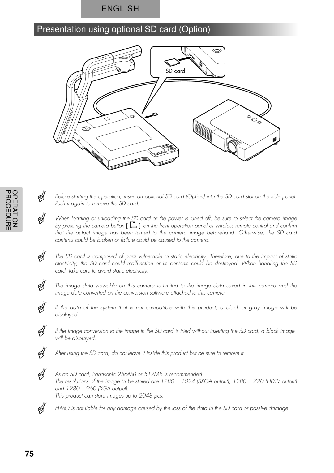 Elmo P100 instruction manual Presentation using optional SD card Option 