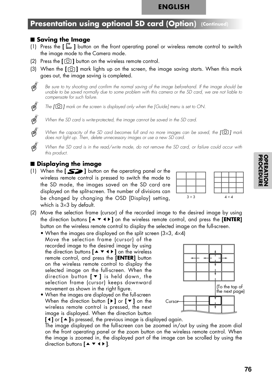 Elmo P100 Saving the Image, Displaying the image, Movement as shown in the right figure, Direction buttons 