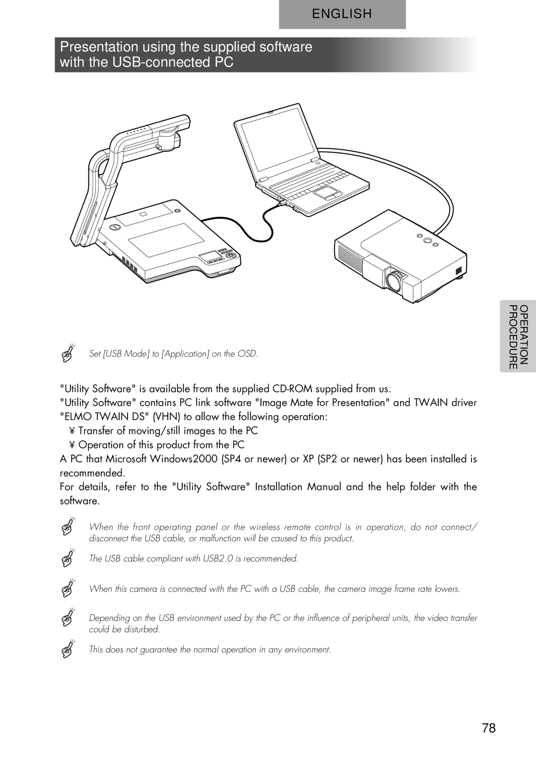 Elmo P100 instruction manual Set USB Mode to Application on the OSD 