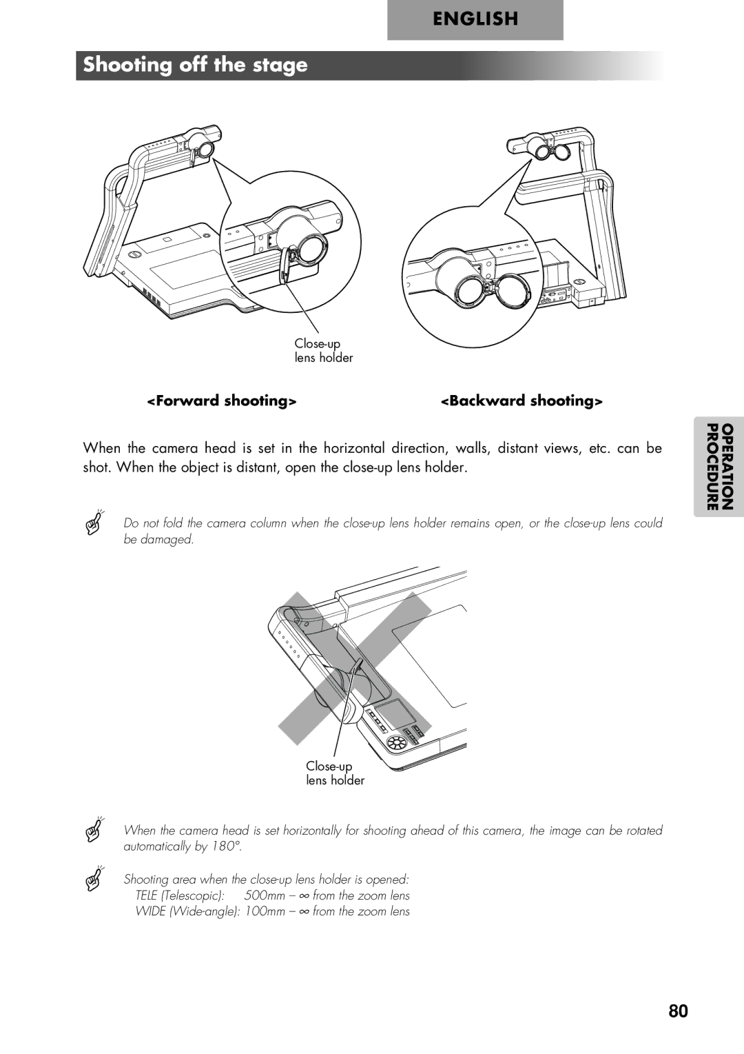 Elmo P100 instruction manual Shooting off the stage, Forward shooting Backward shooting 