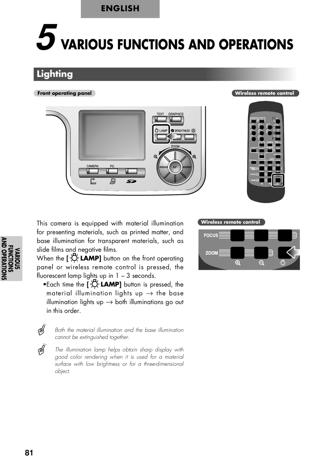 Elmo P100 instruction manual Lighting, This camera is equipped with material illumination 