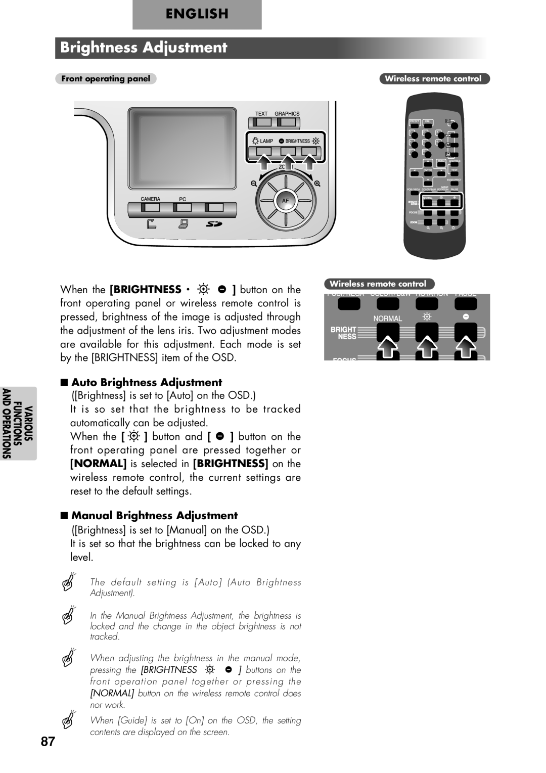 Elmo P100 Auto Brightness Adjustment, Normal is selected in Brightness on, Manual Brightness Adjustment 