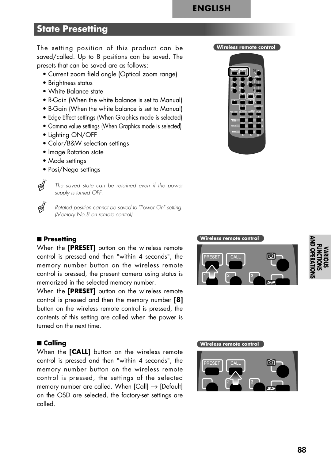 Elmo P100 instruction manual State Presetting, Calling 