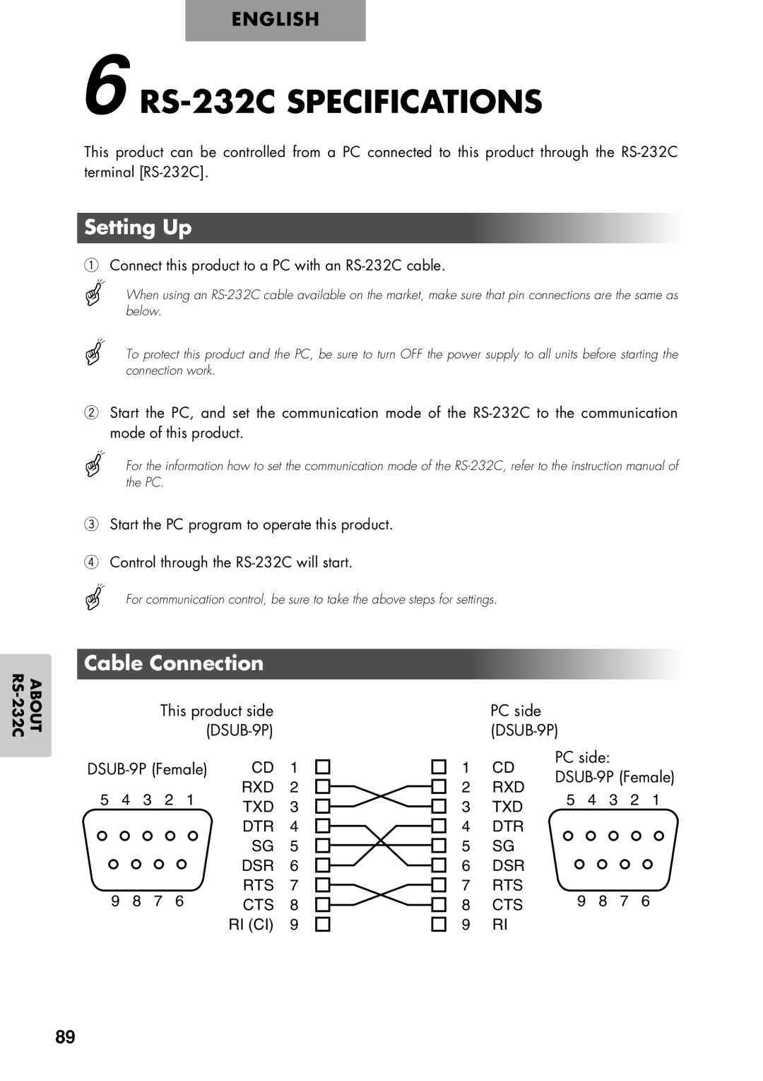 Elmo P100 instruction manual RS-232C Specifications, Cable Connection, Connect this product to a PC with an RS-232C cable 