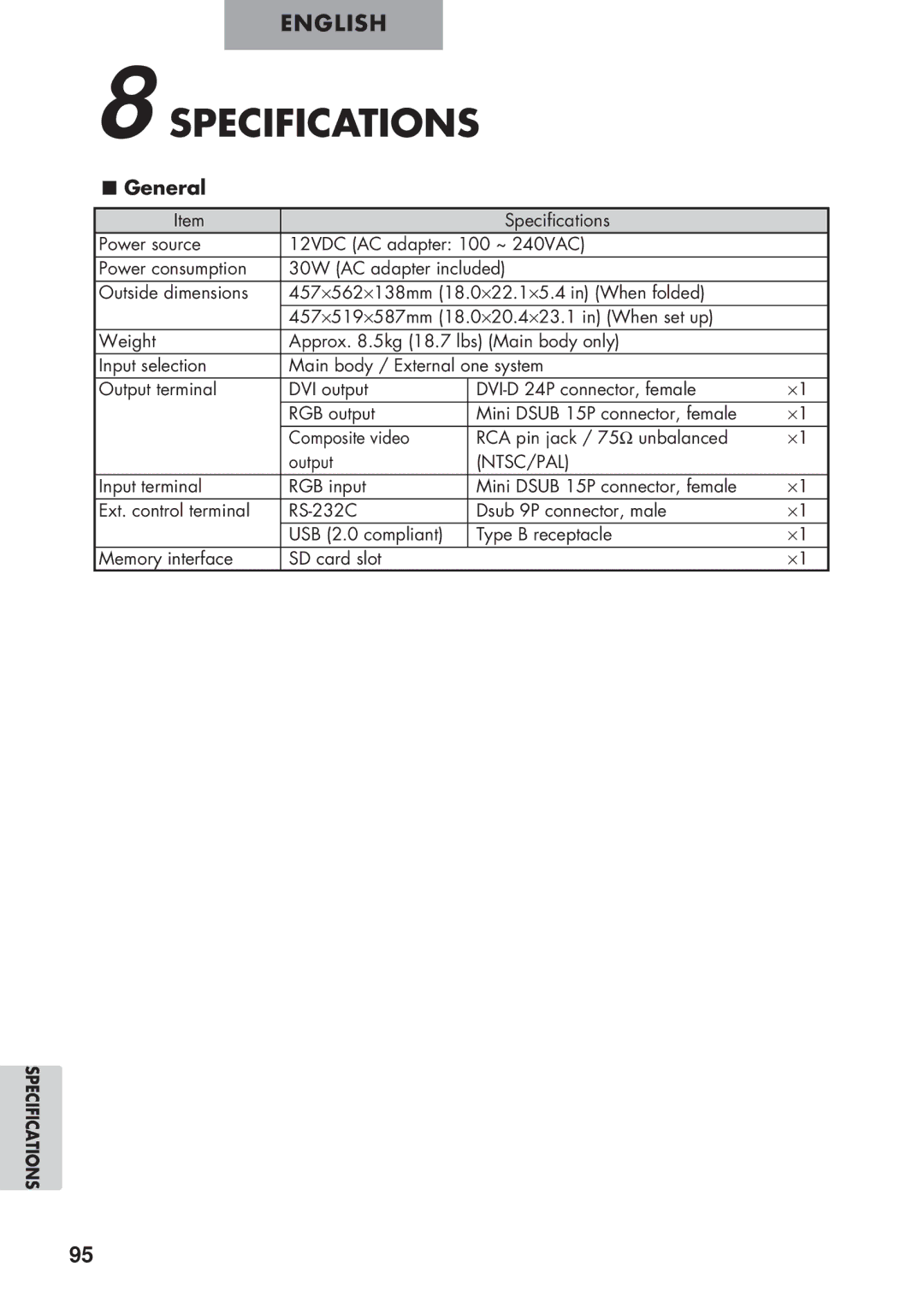 Elmo P100 instruction manual Specifications, General 