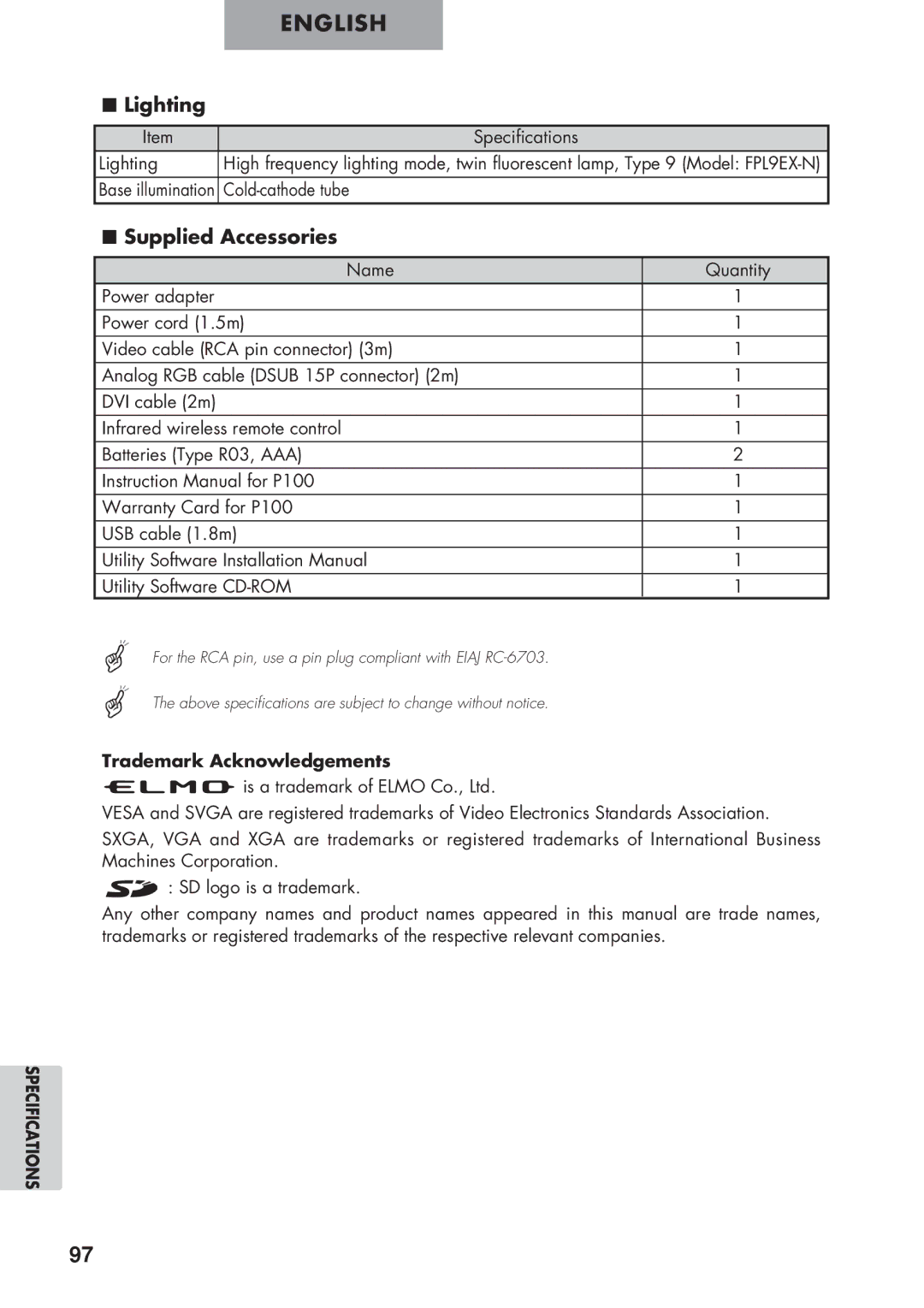 Elmo P100 instruction manual Lighting, Supplied Accessories, Trademark Acknowledgements 