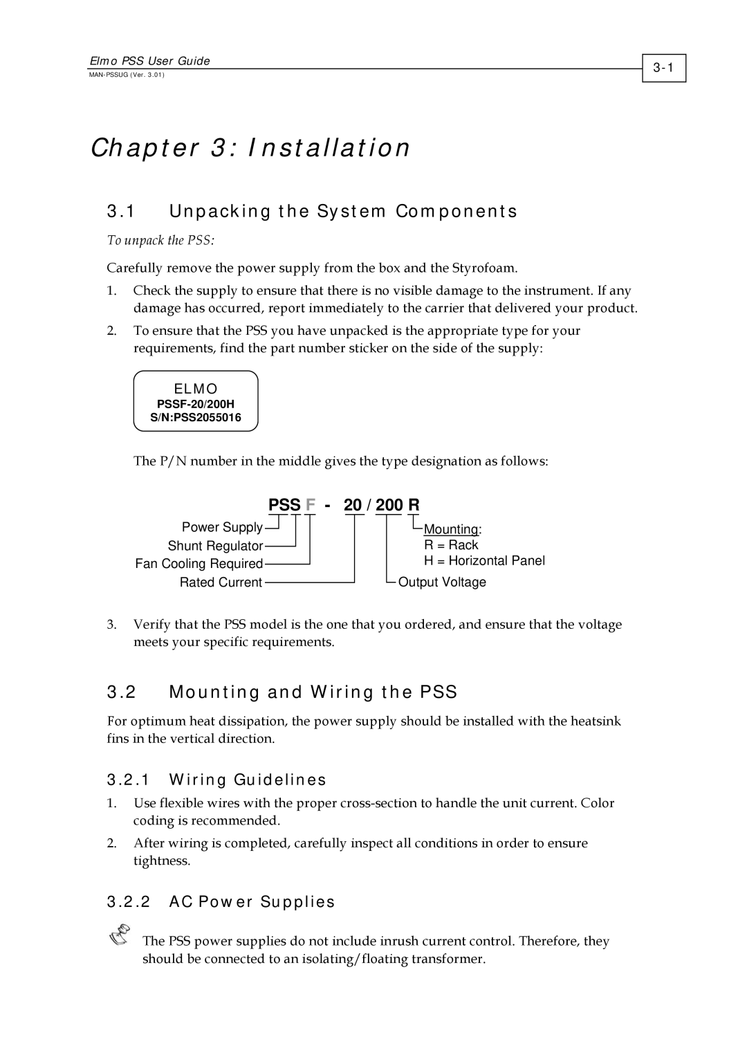 Elmo PSS 3U, PSS 6U Unpacking the System Components, Mounting and Wiring the PSS, Wiring Guidelines, AC Power Supplies 