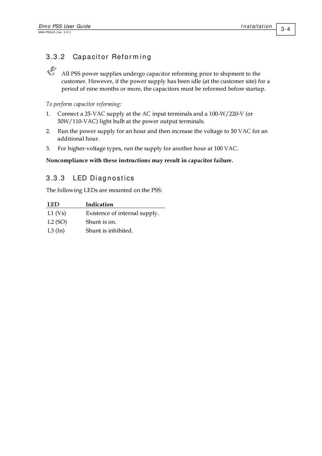 Elmo PSS 6U, PSS 3U manual Capacitor Reforming, LED Diagnostics 