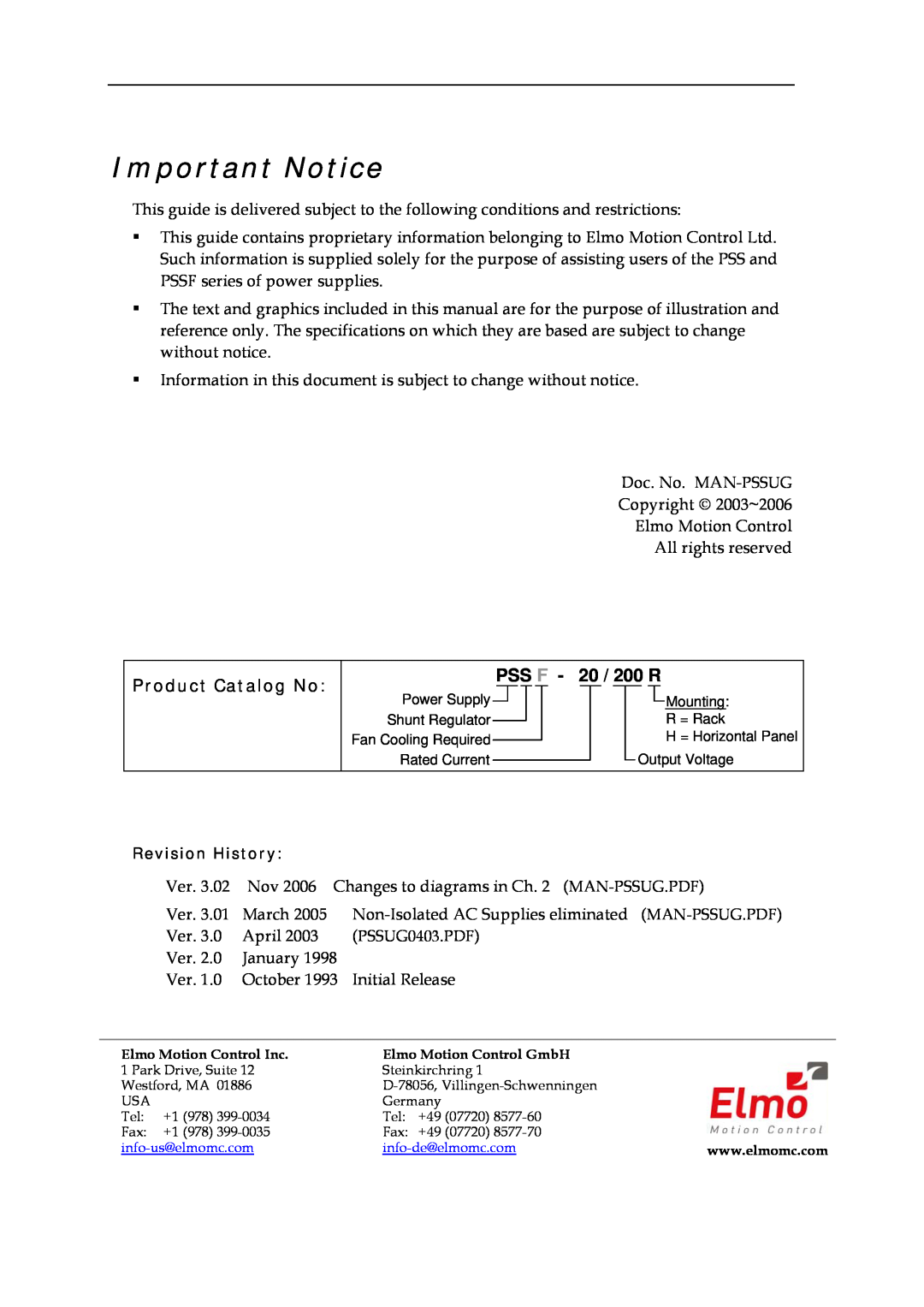 Elmo PSS 3U, PSS 6U manual PSS F - 20 / 200 R, Important Notice, Product Catalog No 