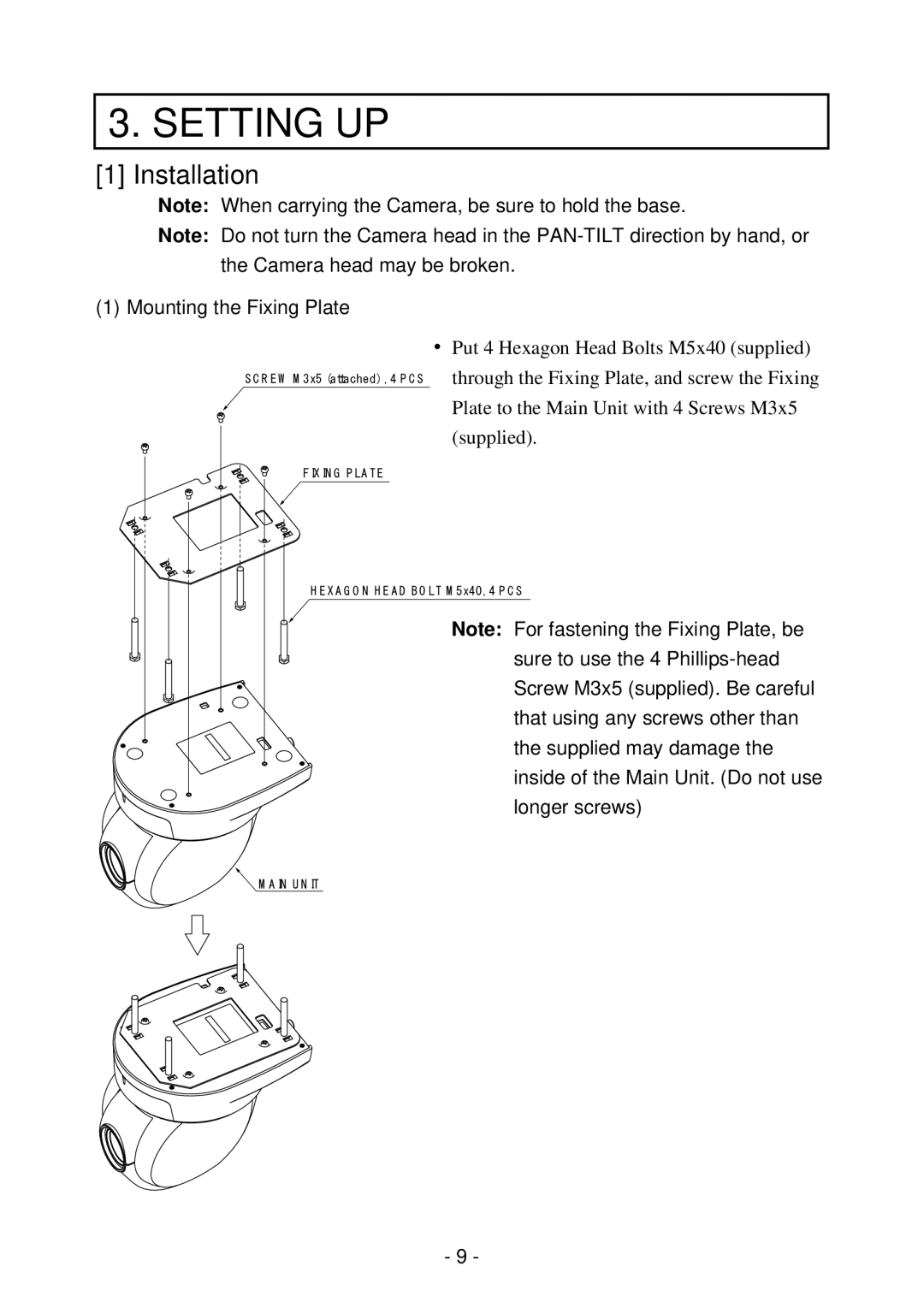 Elmo PTC-200C instruction manual Setting UP, Installation, Mounting the Fixing Plate 