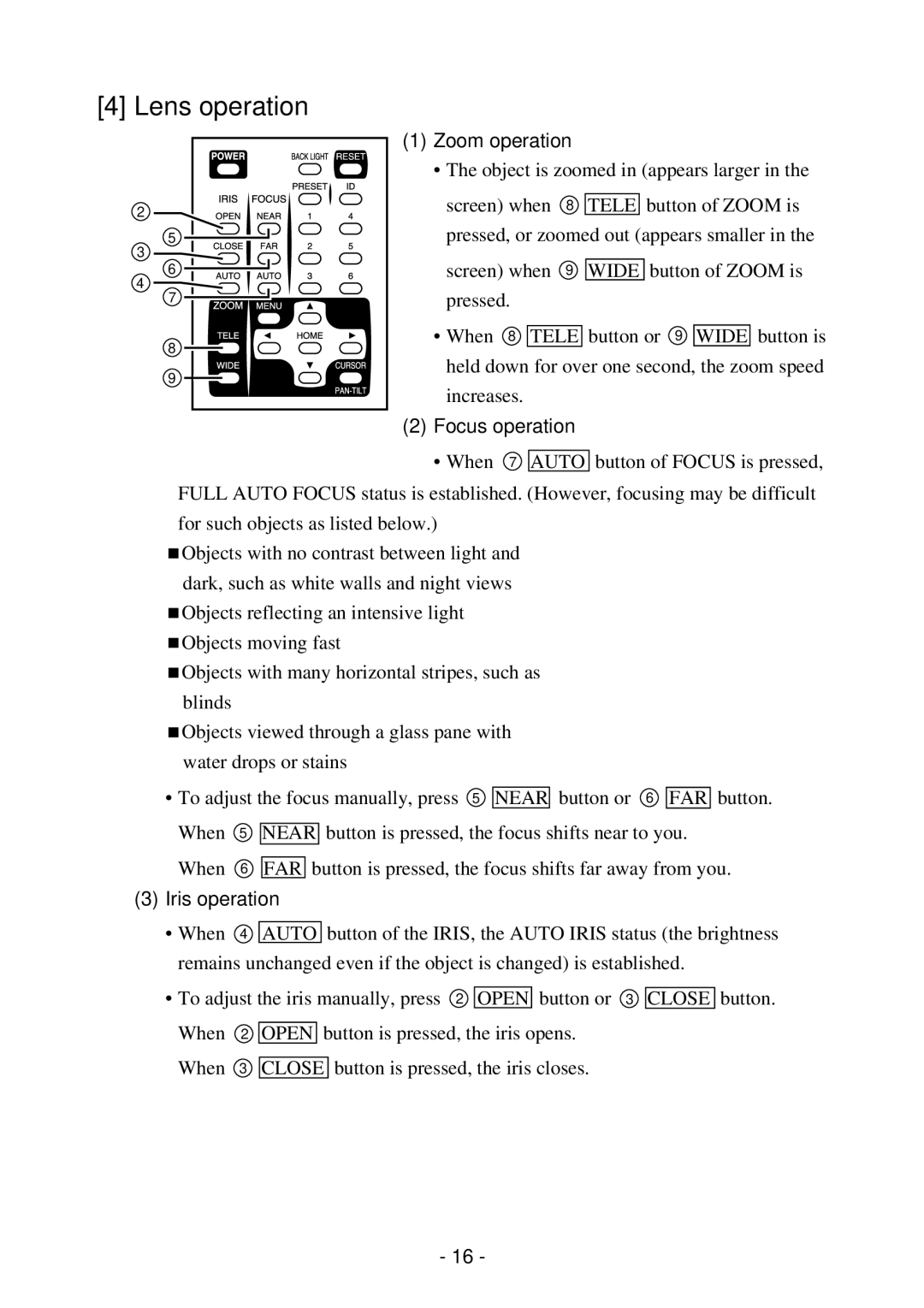 Elmo PTC-200C instruction manual Lens operation, Zoom operation, Focus operation, Iris operation 