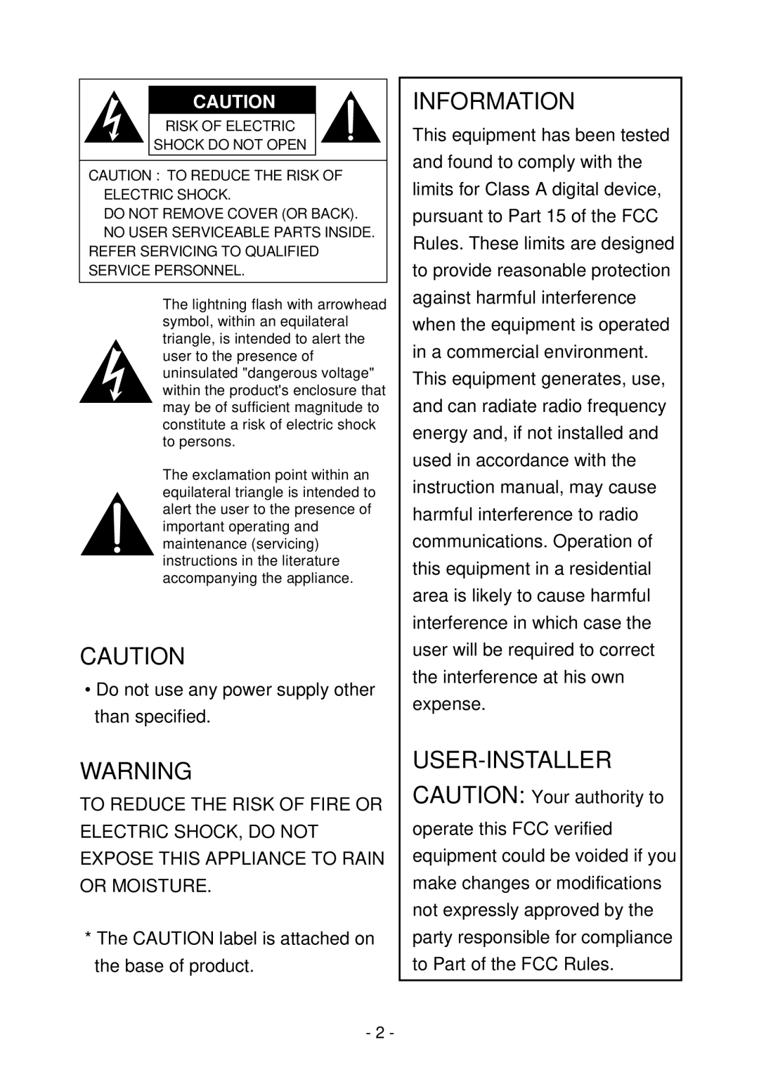 Elmo PTC-200C instruction manual Information USER-INSTALLER 