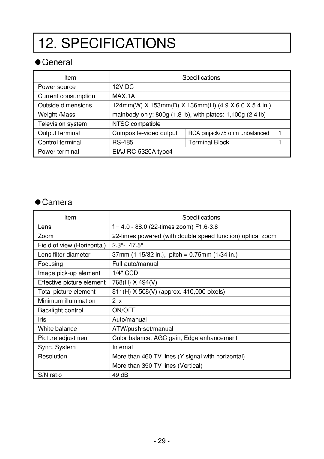 Elmo PTC-200C instruction manual Specifications, General, Camera 