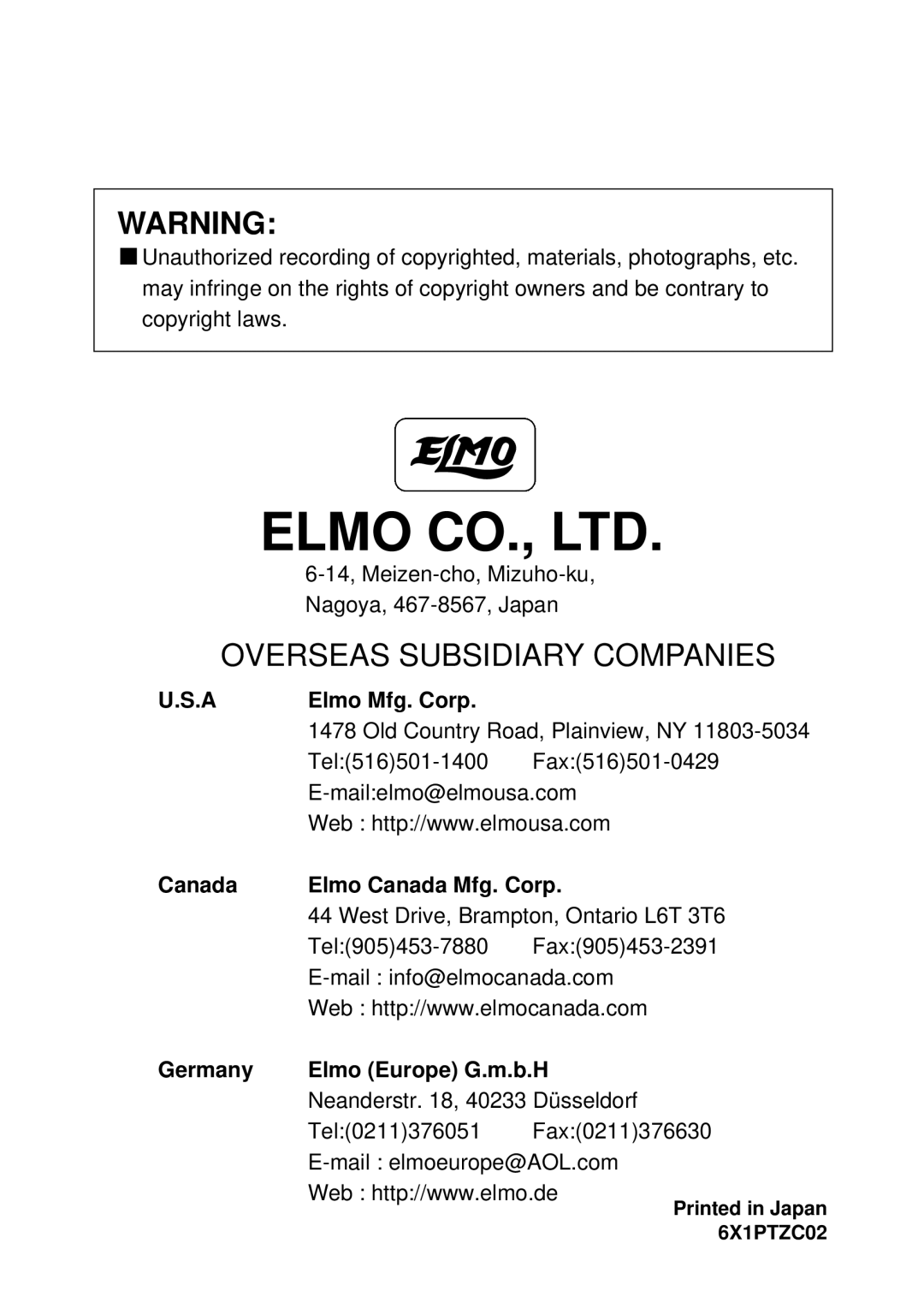 Elmo PTC-200C instruction manual Overseas Subsidiary Companies 