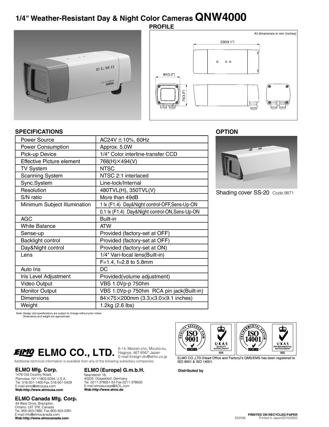 Elmo manual Weather-Resistant Day & Night Color Cameras QNW4000, Profile, Specifications 