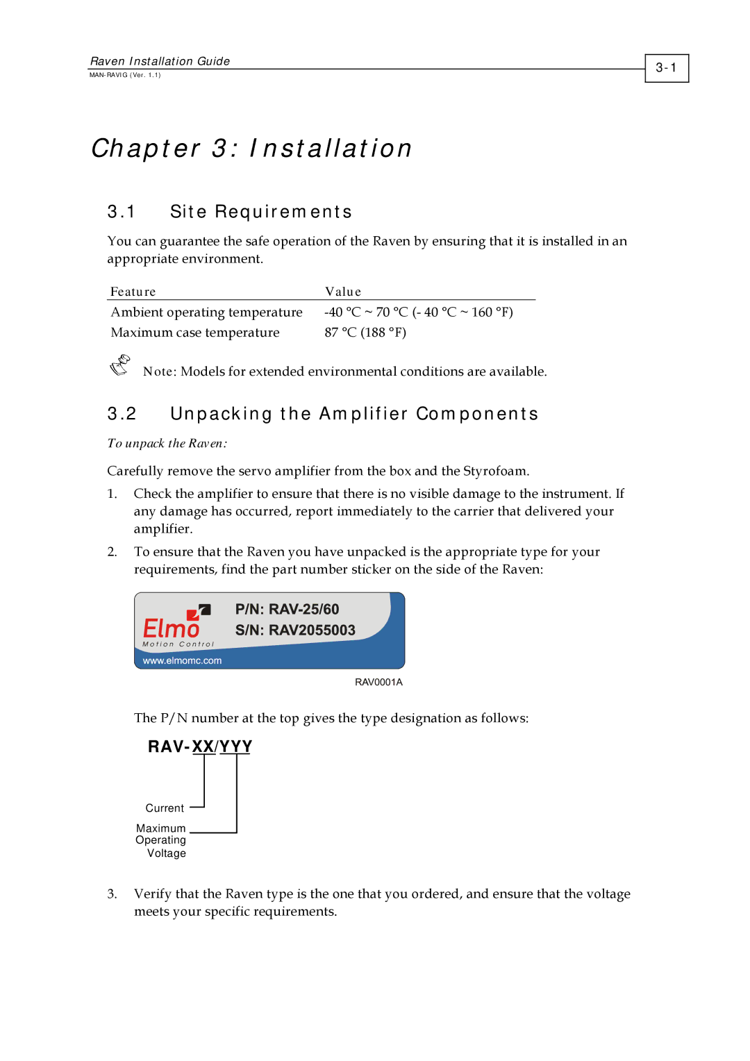 Elmo EXTRA IQ RAVEN, RAV-25/60 manual Installation, Site Requirements, Unpacking the Amplifier Components, Feature Value 