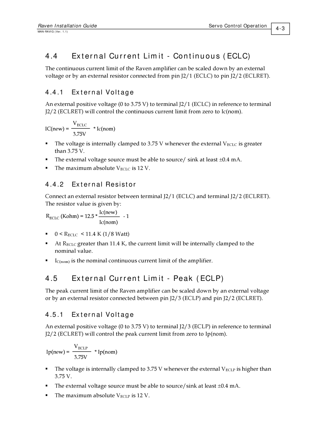 Elmo RAV-25/60, EXTRA IQ RAVEN External Current Limit Continuous Eclc, External Current Limit Peak Eclp, External Voltage 