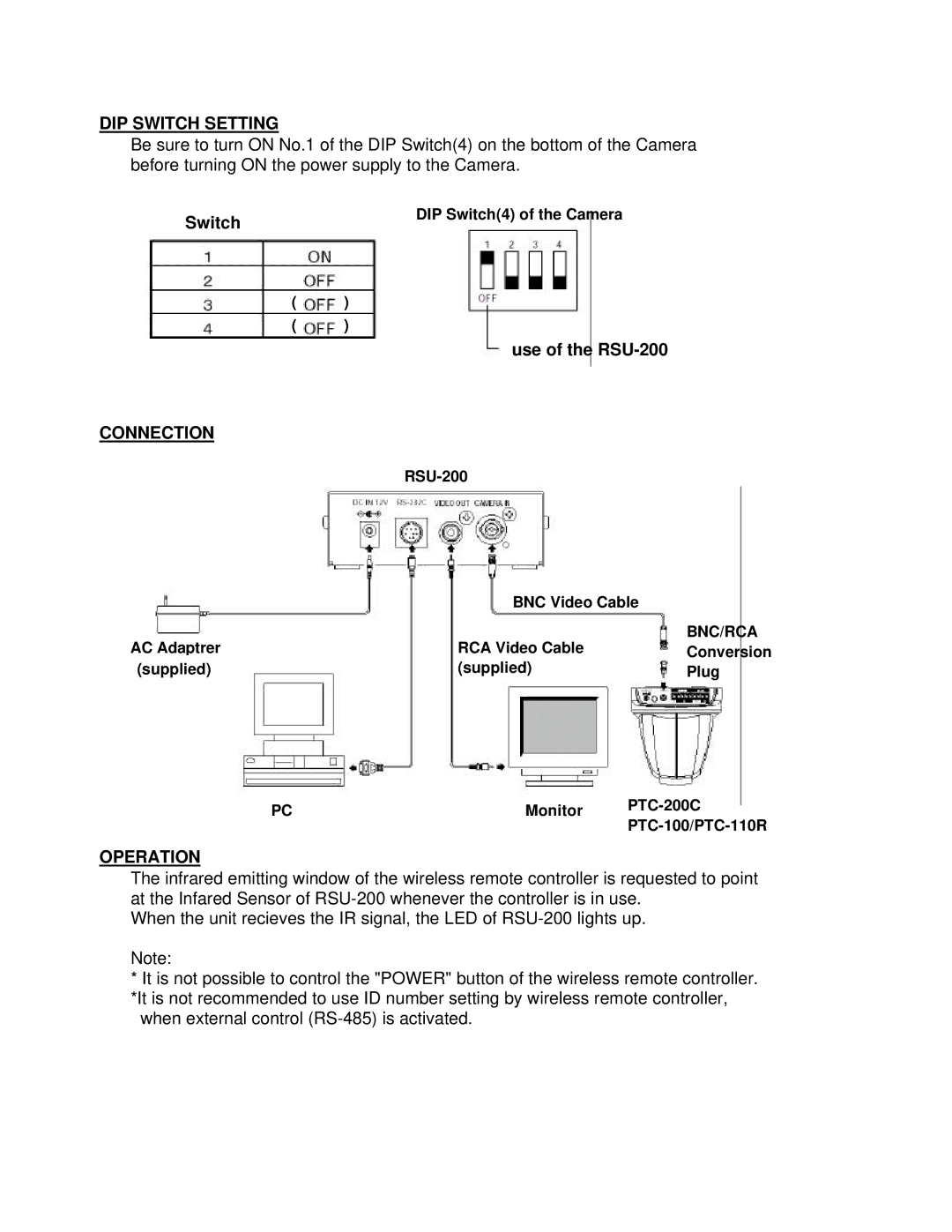 Elmo RSU-200 instruction manual DIP Switch Setting, Connection, Operation 