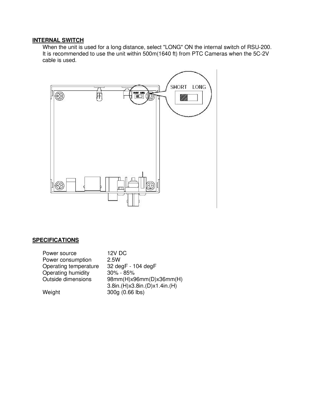 Elmo RSU-200 instruction manual Internal Switch, Specifications 