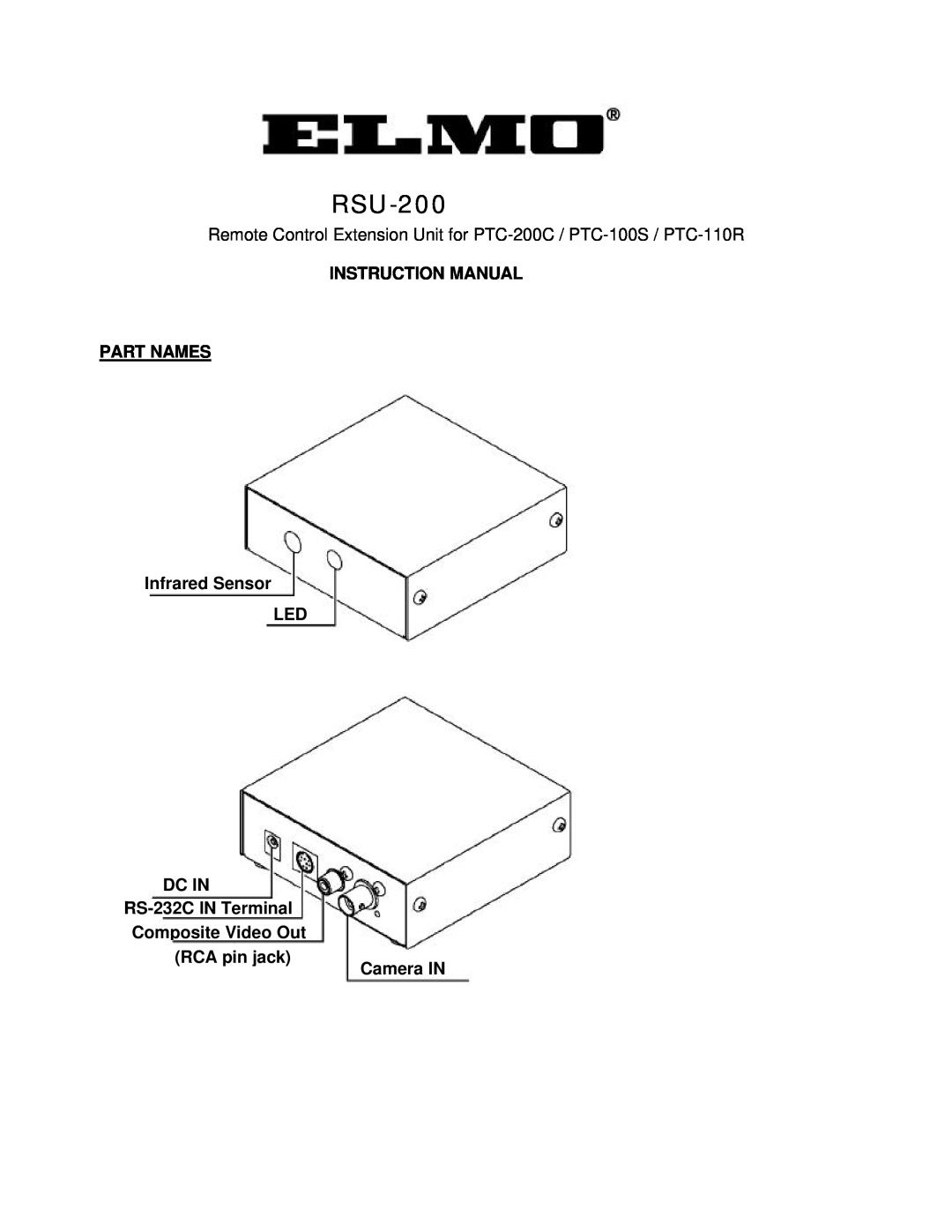 Elmo RSU-200 instruction manual INSTRUCTION MANUAL PART NAMES Infrared Sensor LED DC IN 