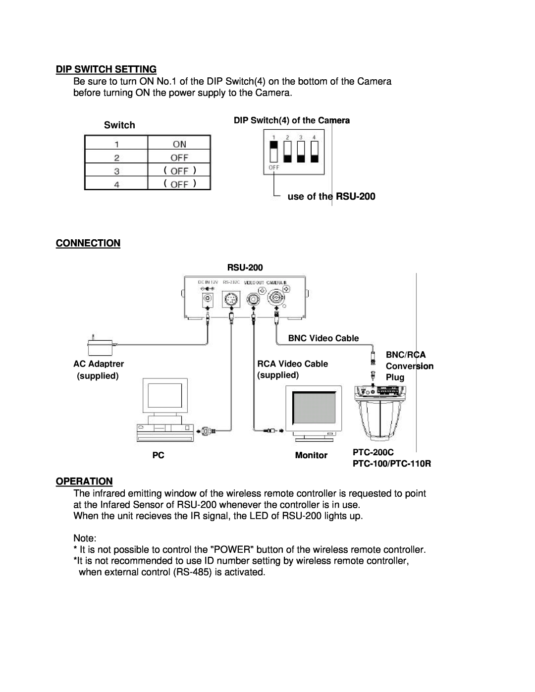 Elmo instruction manual Dip Switch Setting, Connection, use of the RSU-200, Operation 