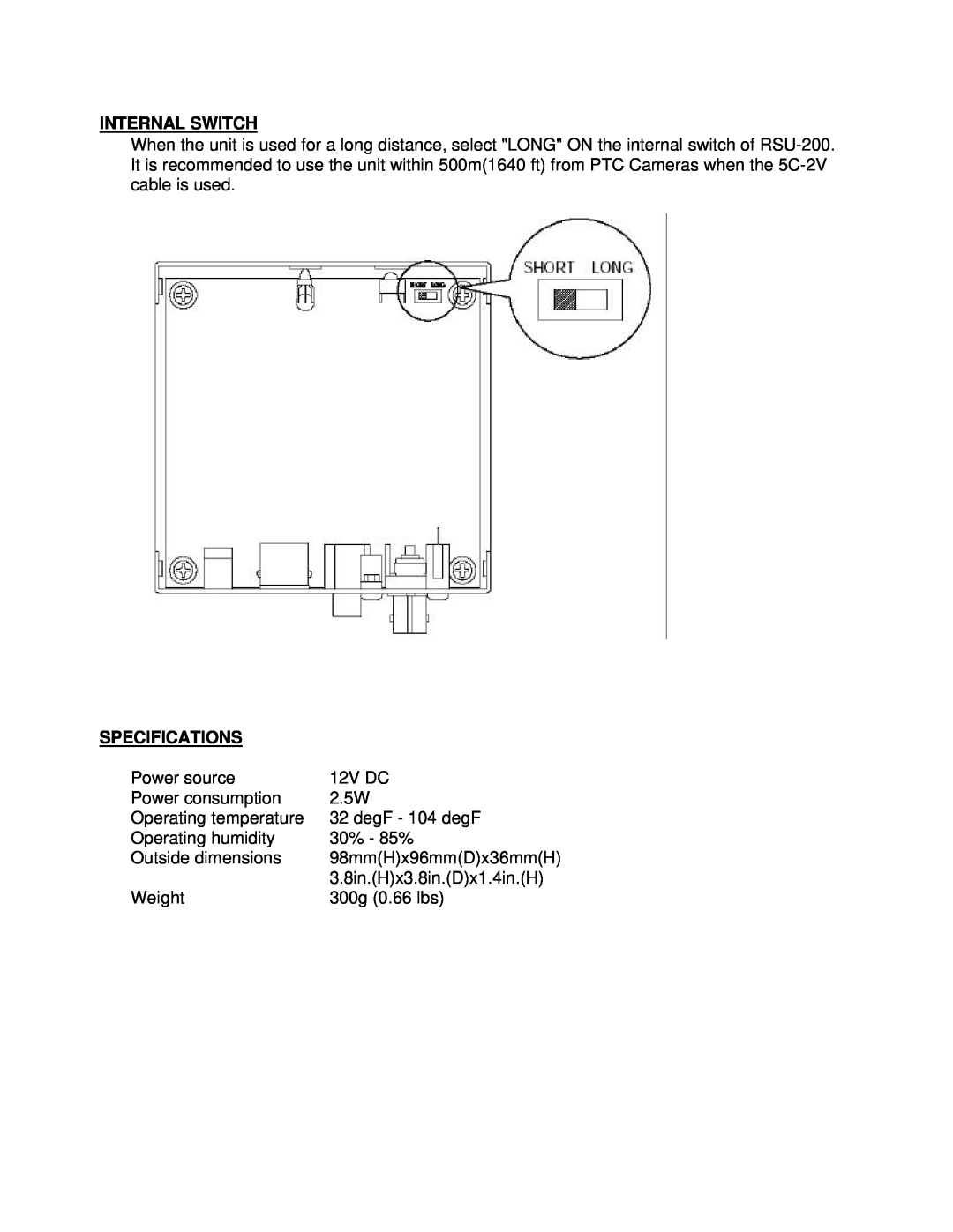 Elmo RSU-200 instruction manual Internal Switch, Specifications 
