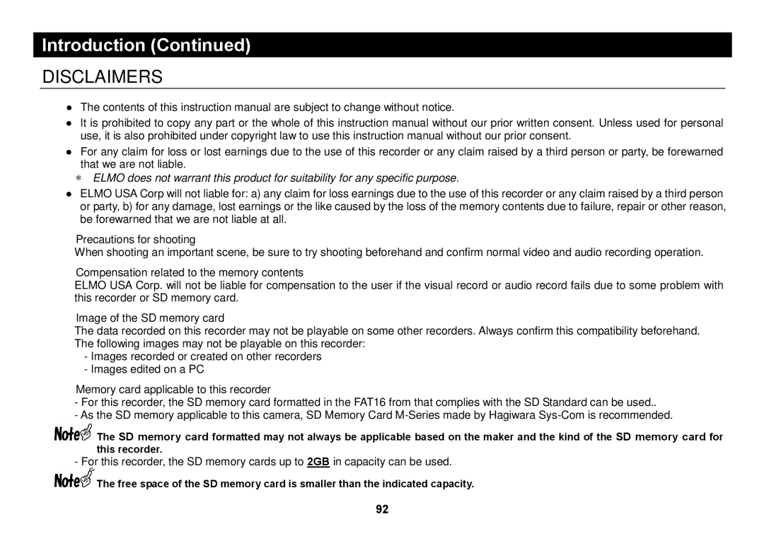 Elmo SUV-CAM manual Disclaimers 