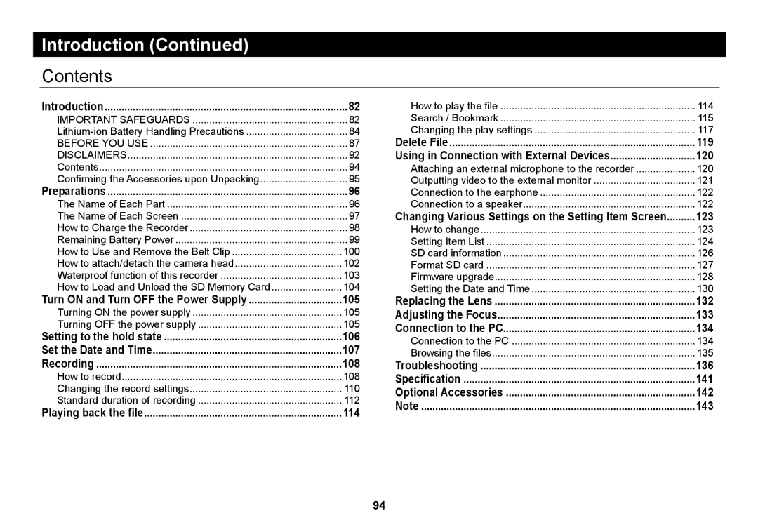 Elmo SUV-CAM manual Contents 