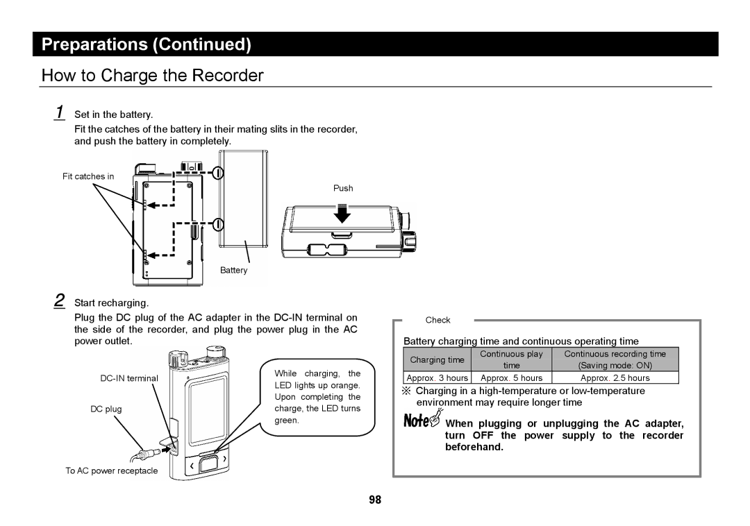 Elmo SUV-CAM manual How to Charge the Recorder, Battery charging time and continuous operating time 