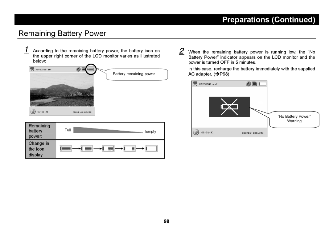 Elmo SUV-CAM manual Remaining Battery Power 