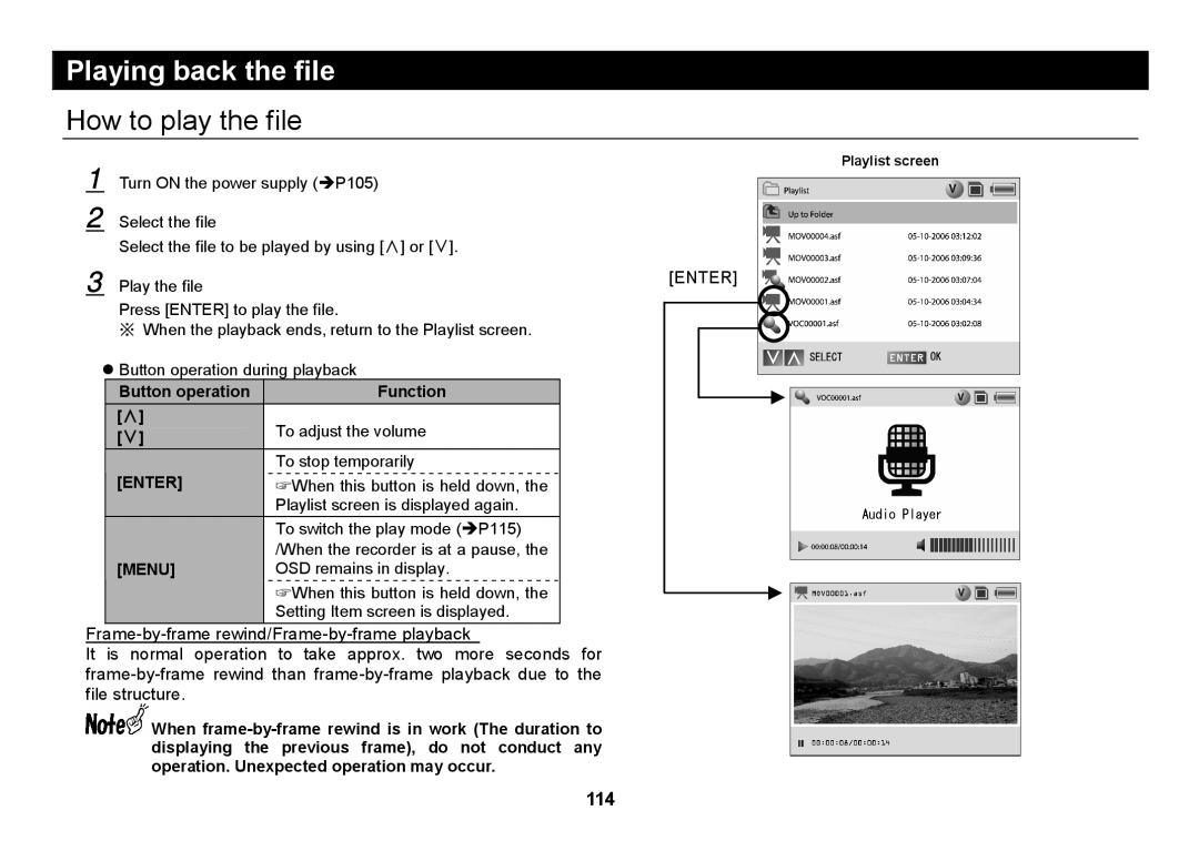 Elmo SUV-CAM manual Playing back the file, How to play the file, Button operation Function 