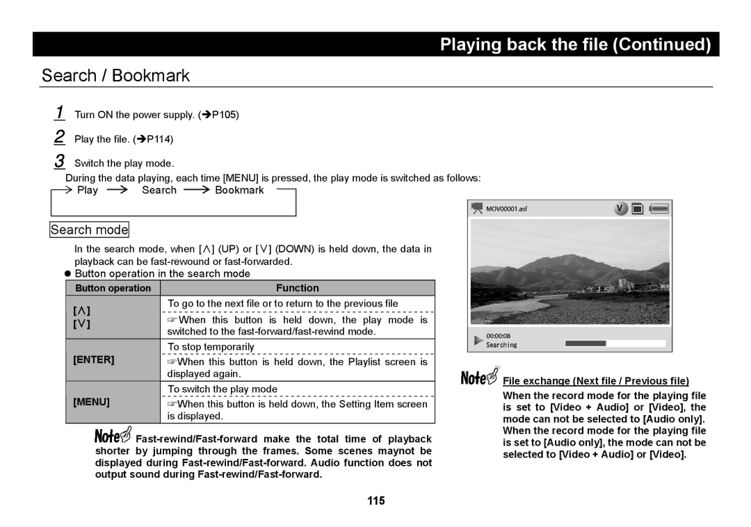 Elmo SUV-CAM manual Search / Bookmark, Search mode, Play Search Bookmark, Button operation in the search mode 