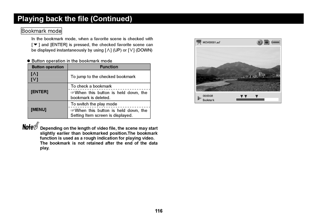 Elmo SUV-CAM manual Bookmark mode, Button operation in the bookmark mode 