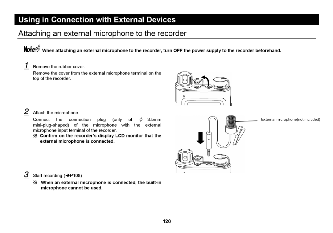 Elmo SUV-CAM manual Using in Connection with External Devices, Attaching an external microphone to the recorder 