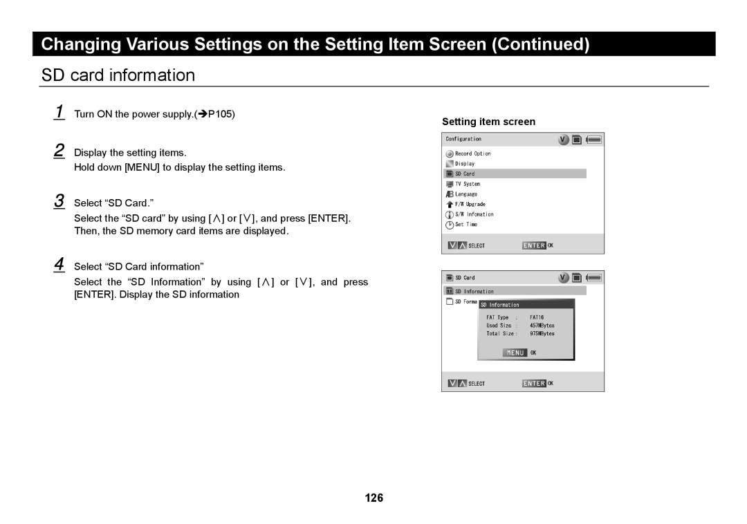 Elmo SUV-CAM manual SD card information, Setting item screen 