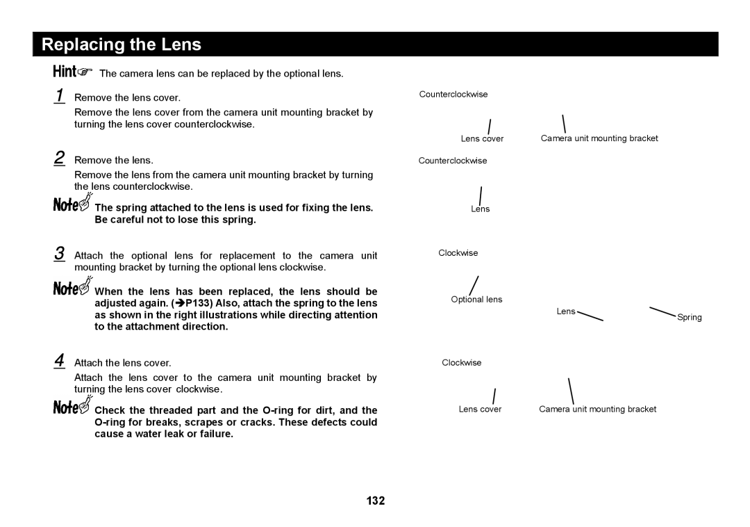 Elmo SUV-CAM manual Replacing the Lens, 132 
