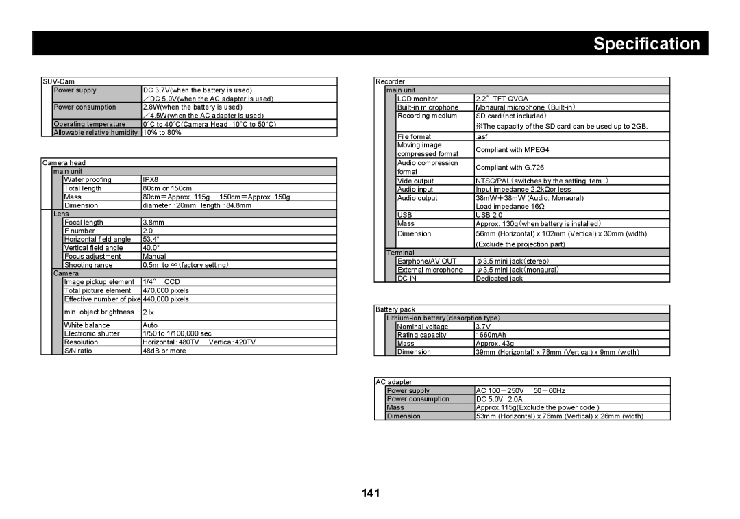 Elmo SUV-CAM manual Specification, IPX8 