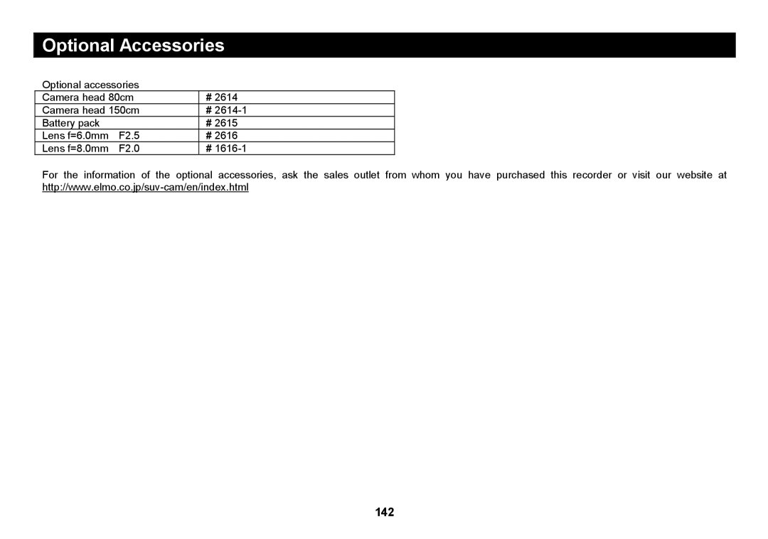 Elmo SUV-CAM manual Optional Accessories 