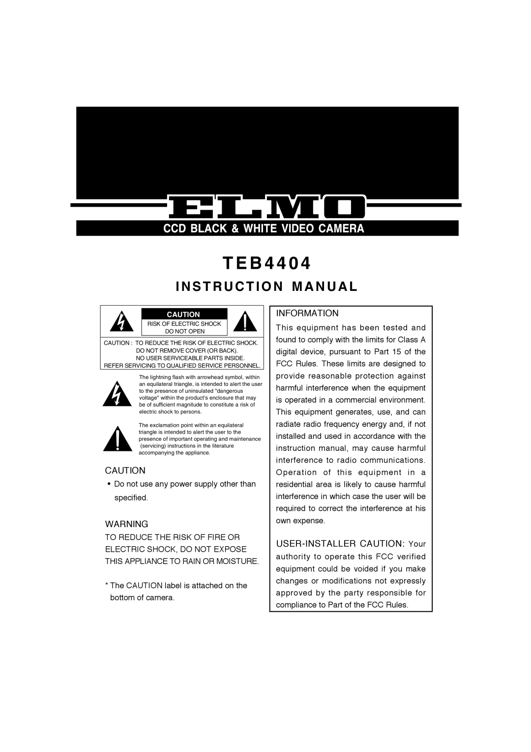 Elmo TEB4404 instruction manual B 4 4 0, Information 