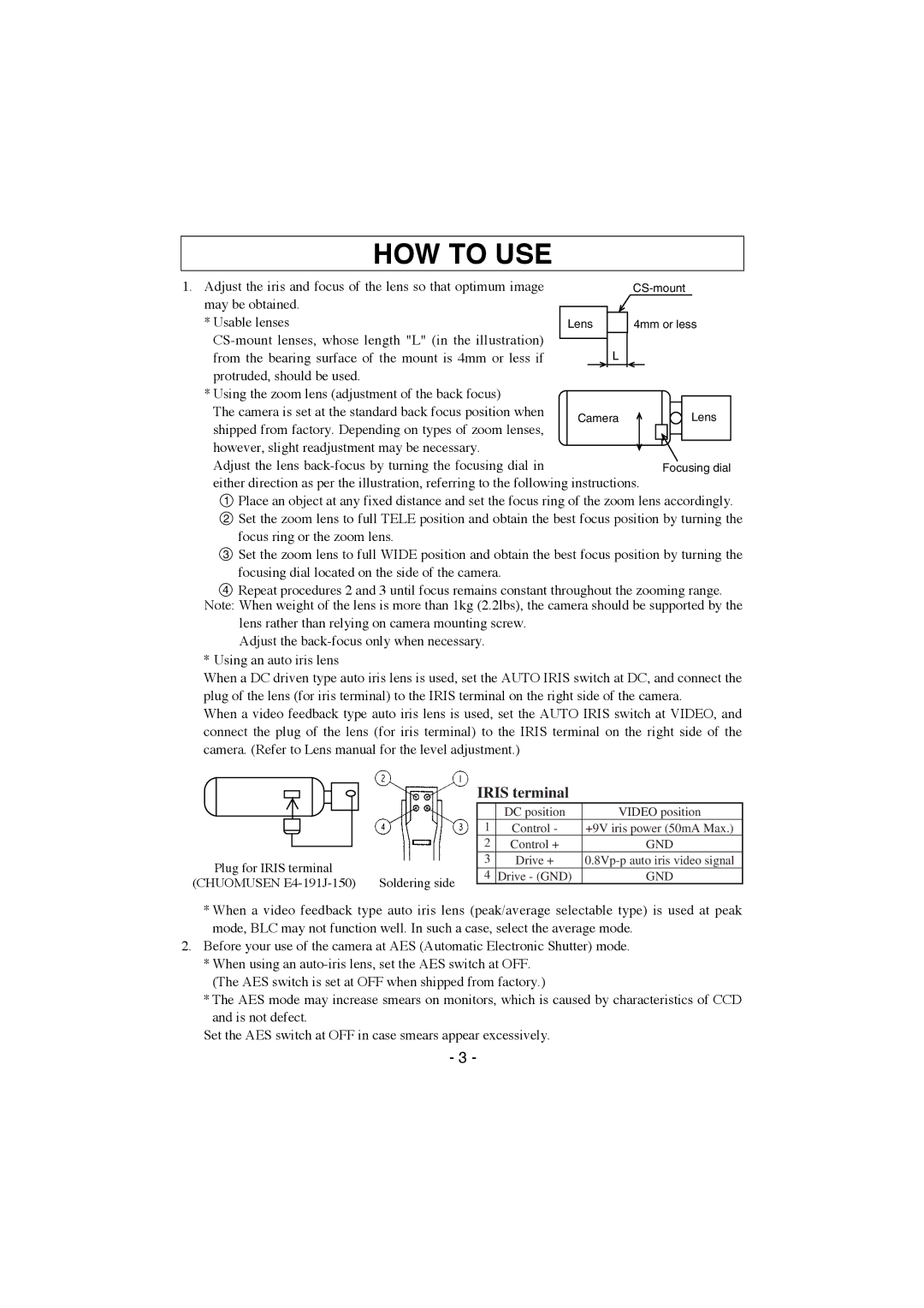 Elmo TEB4404 instruction manual HOW to USE, Iris terminal 