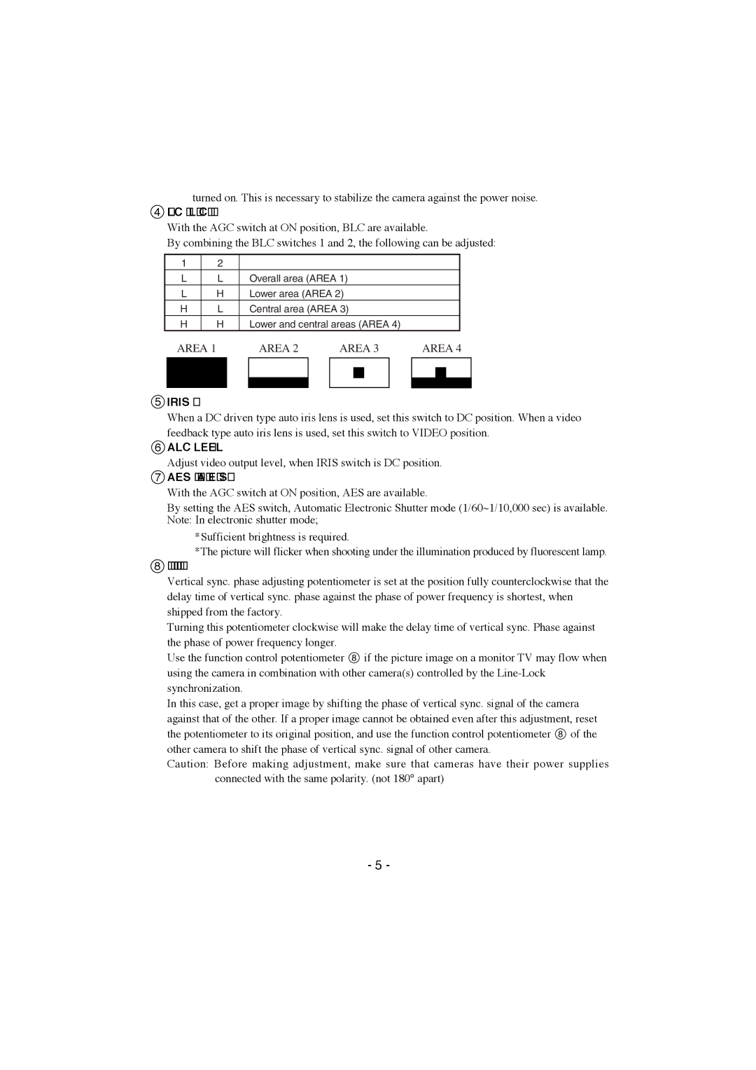 Elmo TEB4404 instruction manual BLC Black Light Control switch, Iris switch, AES switch Automatic Electronic Shutter 