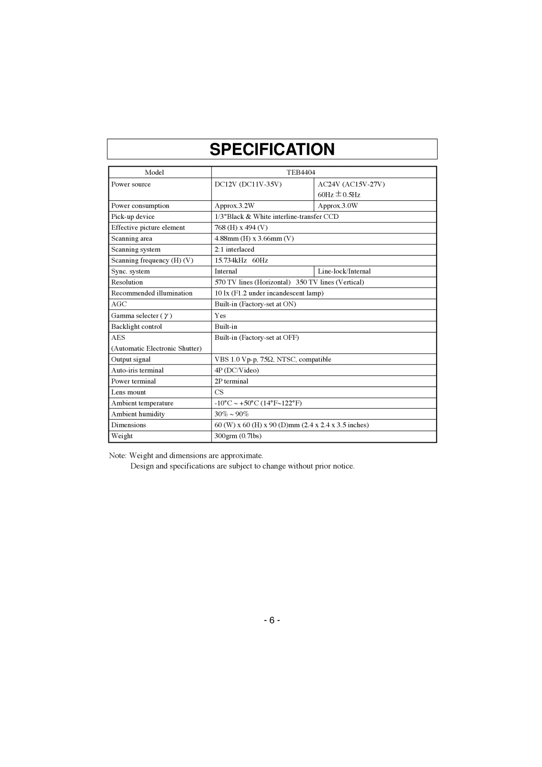 Elmo TEB4404 instruction manual Specification, Aes 