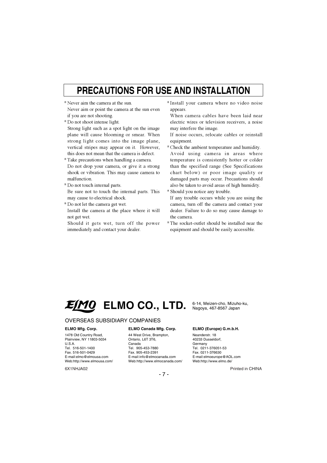 Elmo TEB4404 instruction manual Precautions for USE and Installation, Overseas Subsidiary Companies 