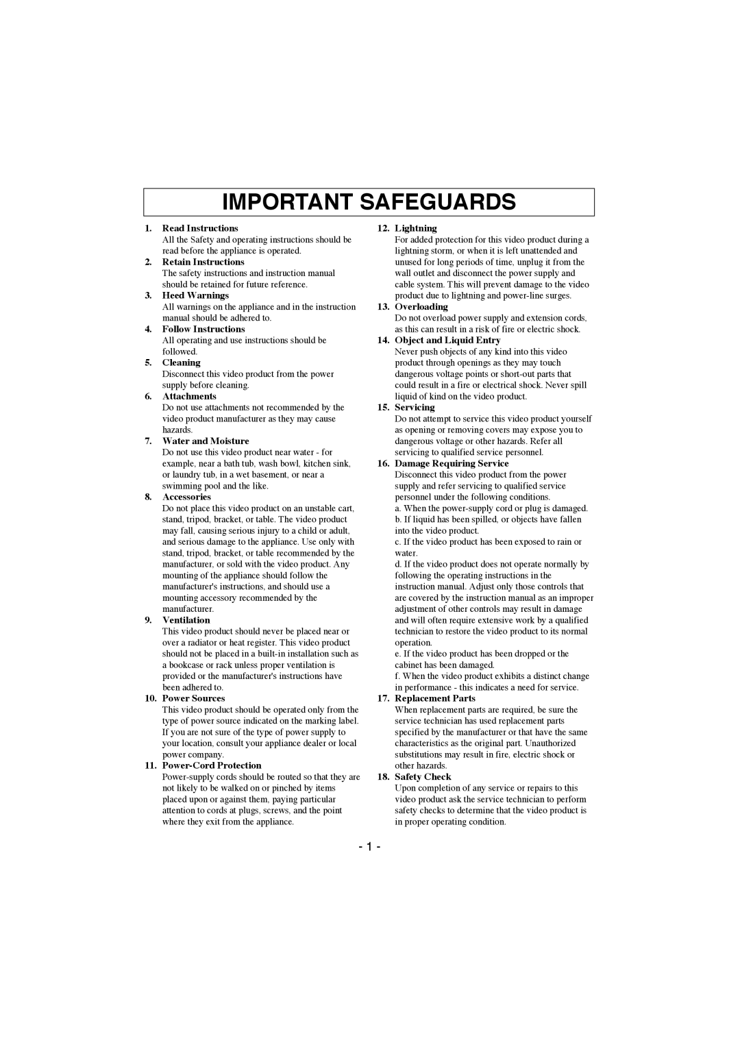 Elmo TNC4604 instruction manual Important Safeguards, Attachments 